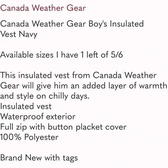 CANADA WEATHER GEAR Boys Insulated Vest size 5/6 NAVY NWT - Picture 6 of 6